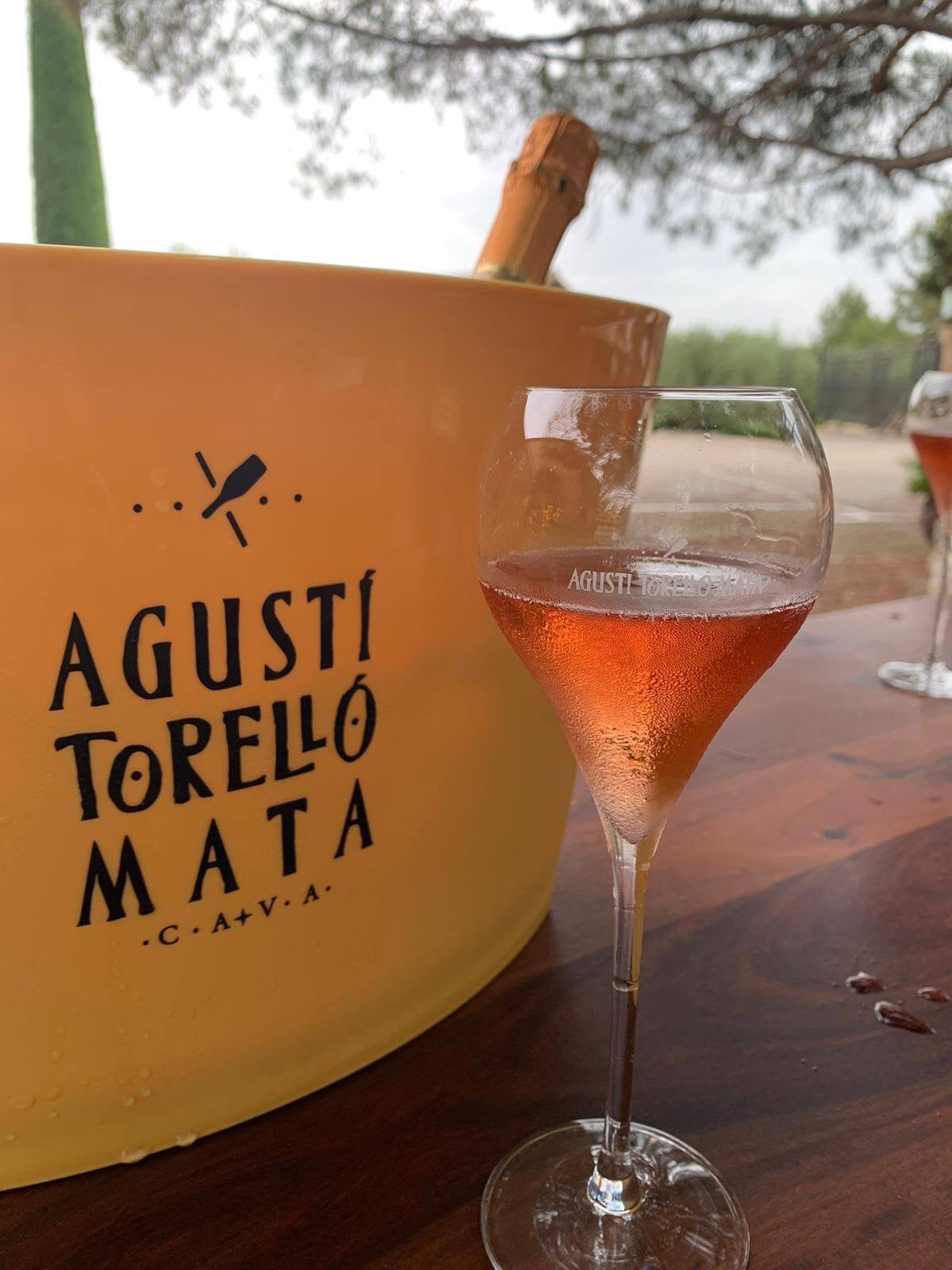 agusti torello mata de rosat buiten in een mooie cava glas met op de achtergrond een wijnkoeler