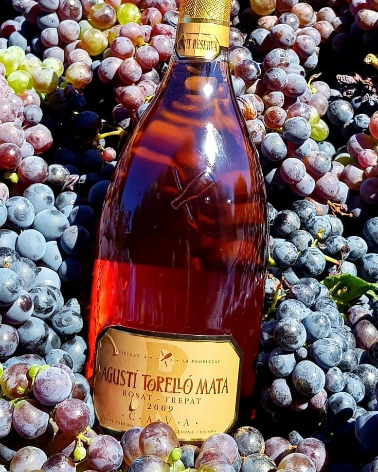 fles Agusti torello mata rosat trepat fels omringt met druiven 